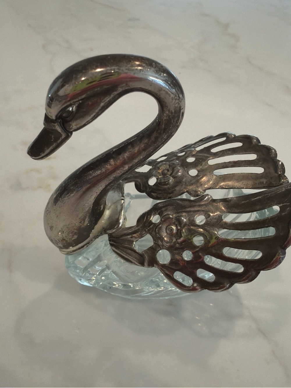 Vintage 60’s Elegant Salt Cellar Crystal & Silver-Plated Swan w/ Movable Wings